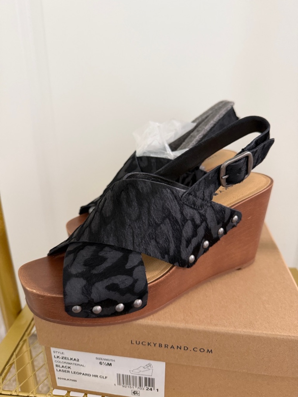 Lucky Brand Black Leopard-Print Wedge Sandals